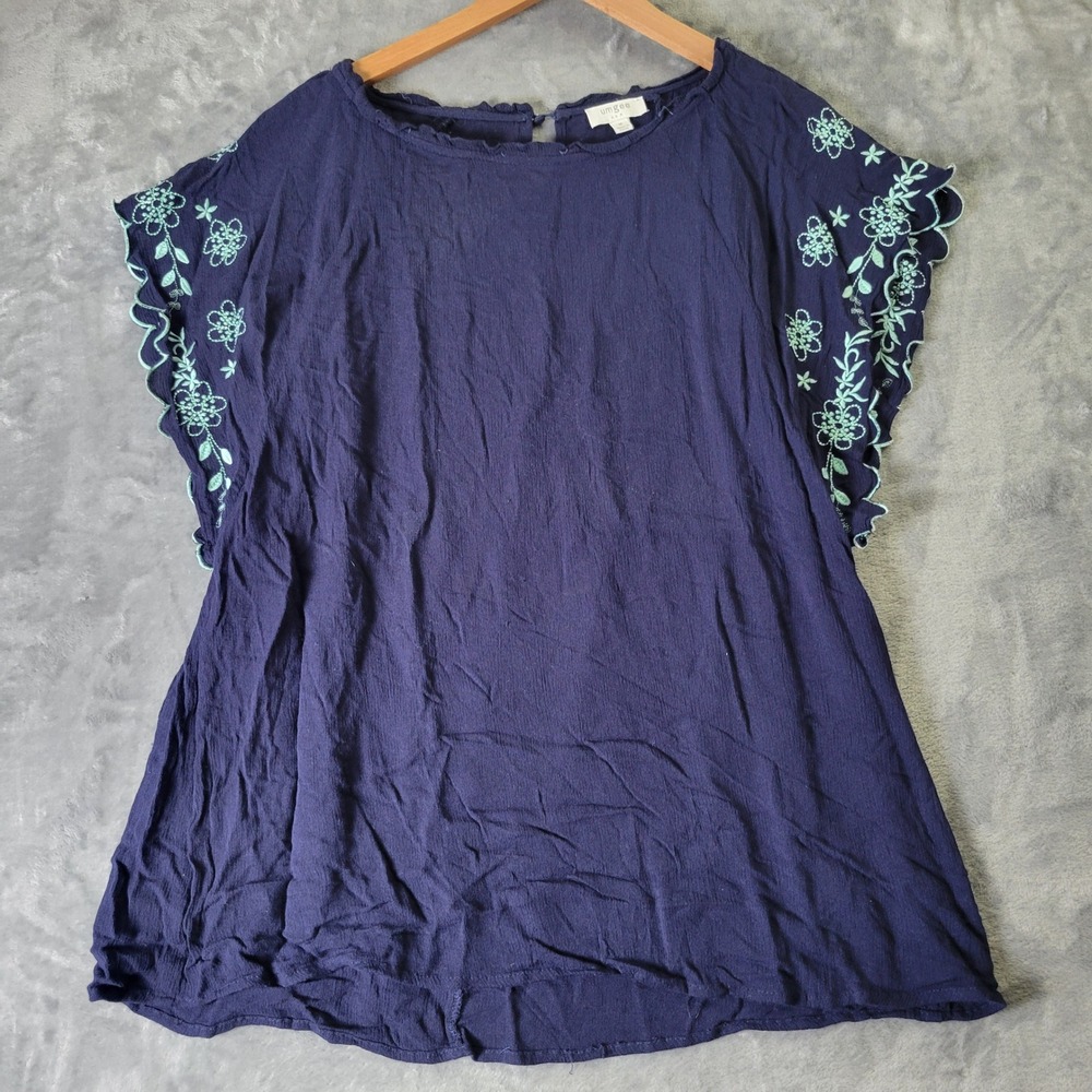 Umgee Navy Blue Floral Embroidered Blouse M Flutter Sleeve Cottagecore Boho